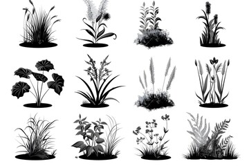 Collection of various plants and grasses in black and white silhouette style.