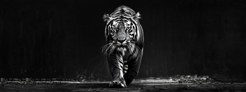 
A tiger walking towards the camera on a black background, in black and white, with high contrast, as a full body shot, in a hyper realistic