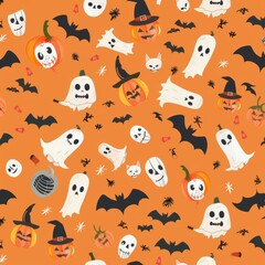 Fototapeta premium Grunge Vector illustration with pumpkin, ghost, skull and vampire monster. Halftone 90s vintage elements for mixed media design.