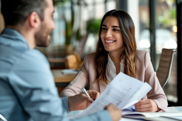 A woman and a man are sitting at a desk with papers in front of them, the scene seems to be a business meeting or a discussion between the two