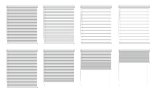 Window blinds open animation. Stages of Venetian blinds opening and closing, horizontal slat blinds options for window decor. Isolated vector illustration set.
