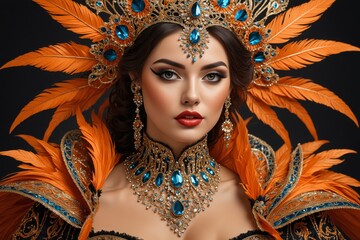 A regal beauty adorned in orange and gold feathers