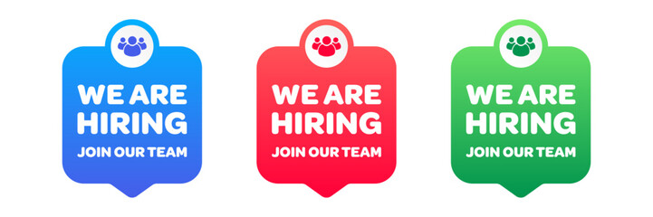 We are hiring join our team icons colorful set. Blue, red and green color.