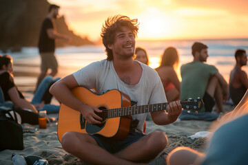 Handsome young man wearing sunglasses and playing guitar on beach. Smiling guy playing acoustic guitar at sunset.