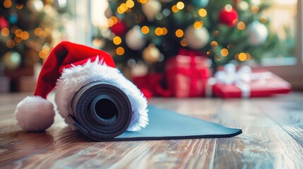 Close up of yoga mat with Santa Clause hat with home decorated for Christmas, New Year. Healthy lifestyle, weight loss, New Year's resolution.
