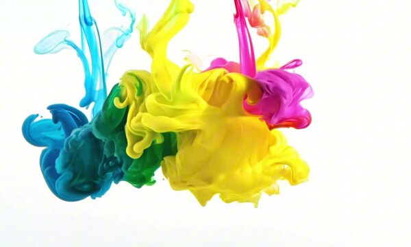 color splashes of ink in cyan magenta yellow black as symbol for subtractive CMYK color blending