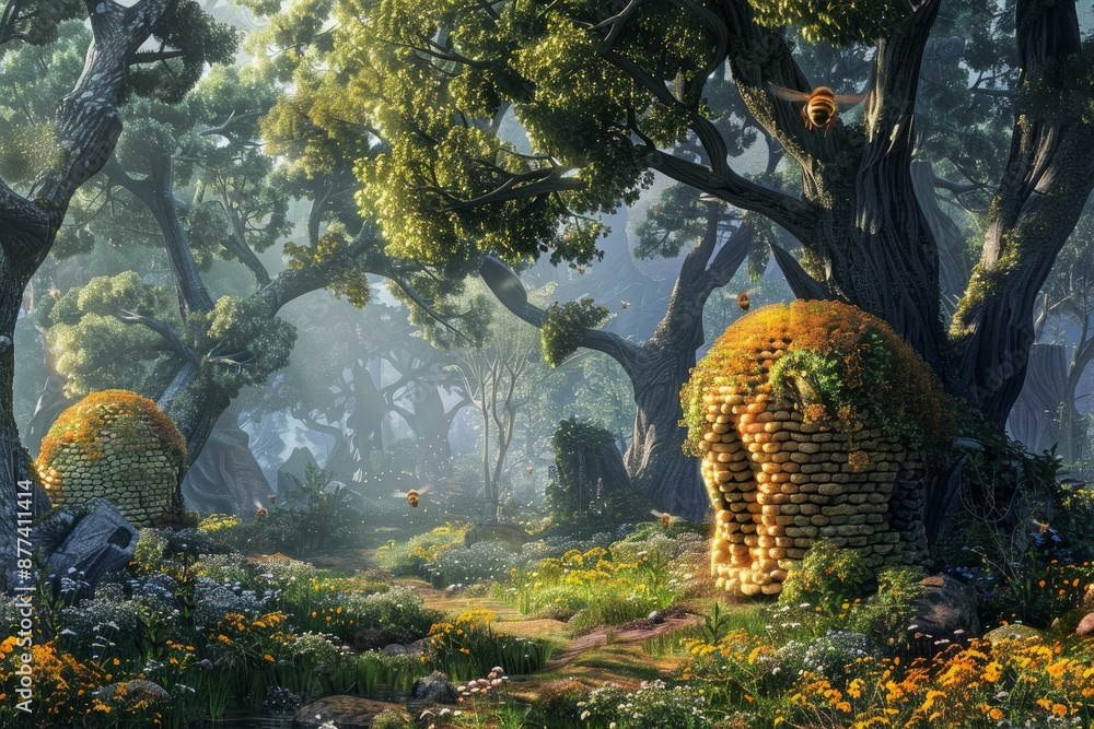 Poster 3d rendering of a magical forest scene with giant honeycomb skulls and bees pollinating