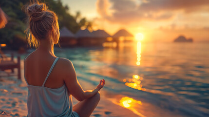 Young woman practicing yoga by the sea during sunset in the summertime