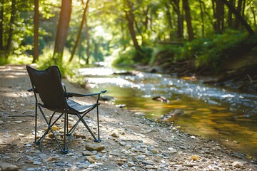 Camping chair on the bank of a mountain river in the forest