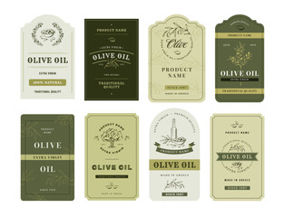 Olive oil label. Elegant hand drawn olive tree branches with leaves and olives decorated packaging designs isolated vector illustrations set.