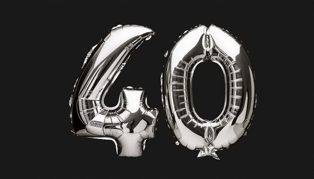 Silver balloon number 40 over isolated black backdrop. Birthday celebration. Anniversary card.