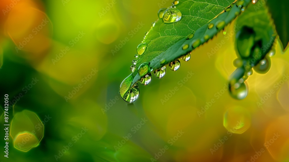 Wall mural a green leaf with water drops