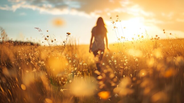 a woman walking through a field of tall grass at sunset