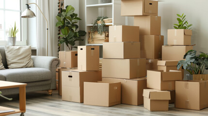 Cardboard Carton Boxes: Several cardboard boxes stacked neatly, indicating items ready for relocation.
