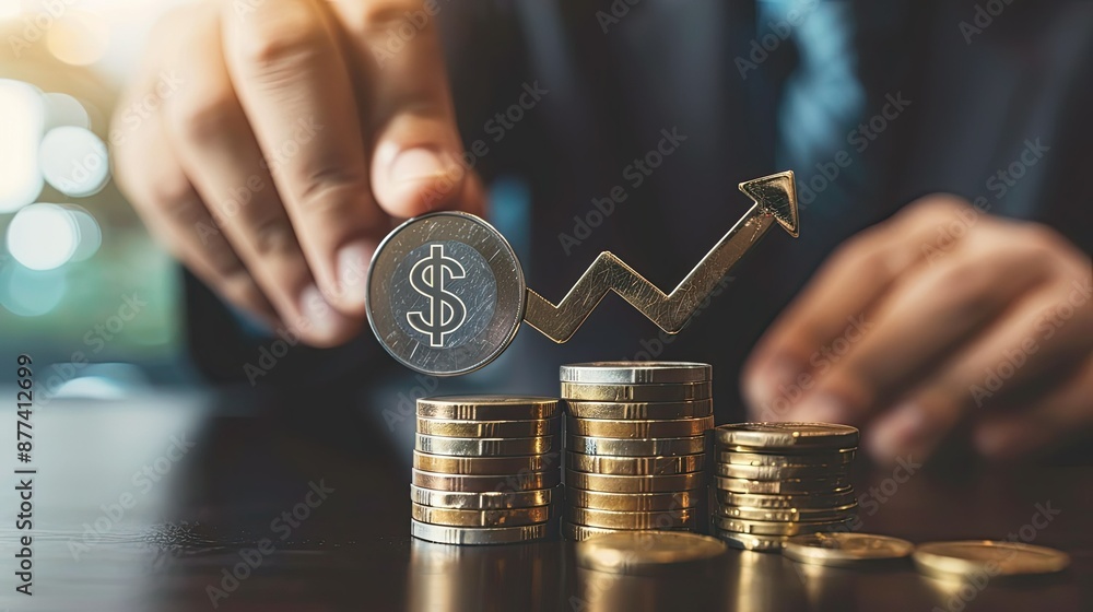 Poster hand placing dollar coin on a stack of coins with an arrow pointing up