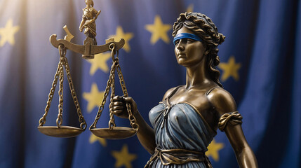 Obraz premium a bronze statue of Lady Justice, depicted with a blindfold over her eyes and holding a balanced scale in her left hand, law, equality