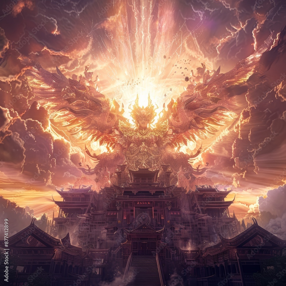 Poster a celestial explosion illuminates an ancient temple beneath a vibrant sunset sky, creating an awe-in