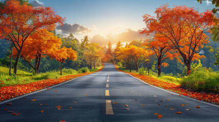 Road Lined with Vibrant Autumn Trees at Sunrise