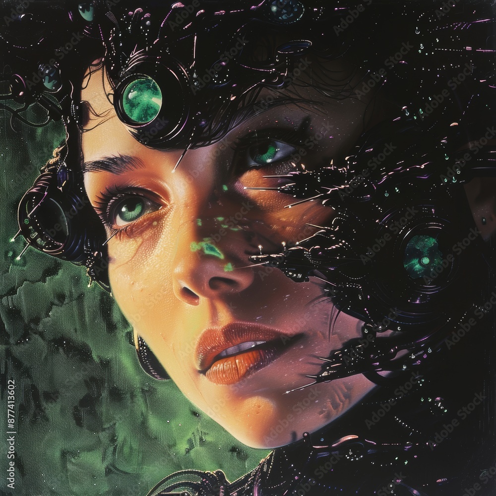 Poster mysterious figure with emerald eyes surrounded by dark tendrils in an ethereal setting at twilight