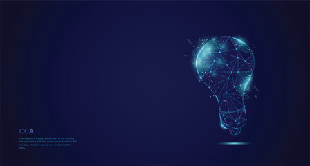 3d bulb low poly wireframe art on blue background vector illustration. idea and innovation concept template design for landing page, banners, poster, covers, flyers, presentations.
