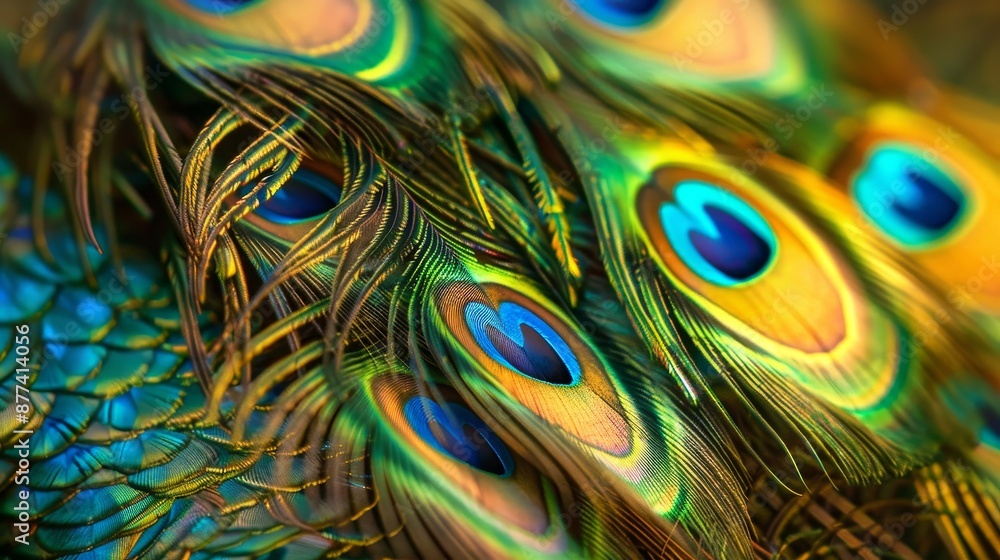 Poster vibrant close-up view of peacock feathers showcasing intricate patterns and vivid colors in natural 