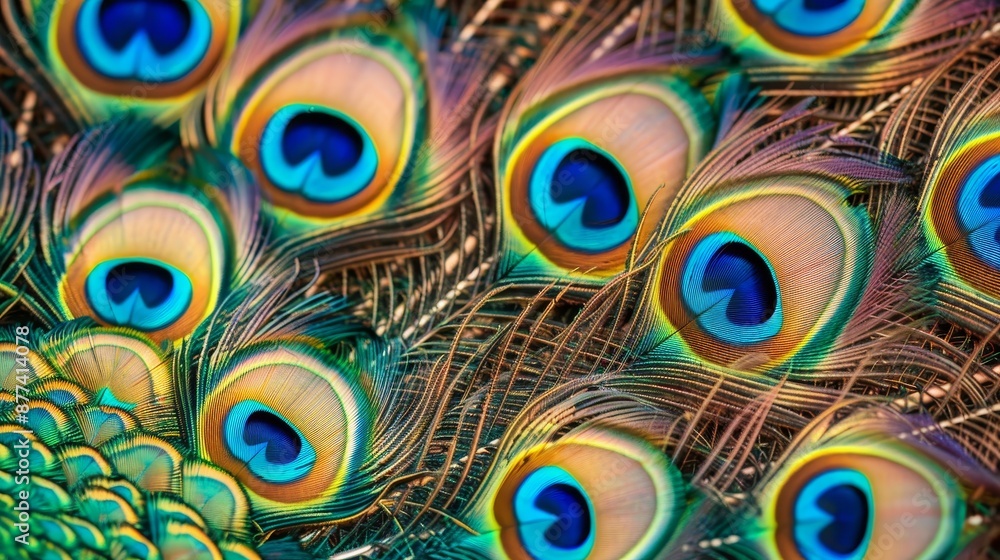 Poster Stunning close-up of a peacock's vibrant feather display showcasing intricate patterns and colors