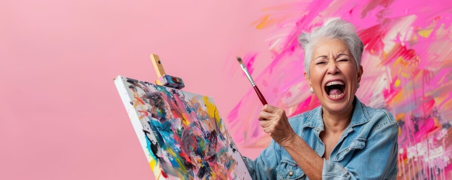 A senior woman is painting a picture with a brush. Free copy space for banner.