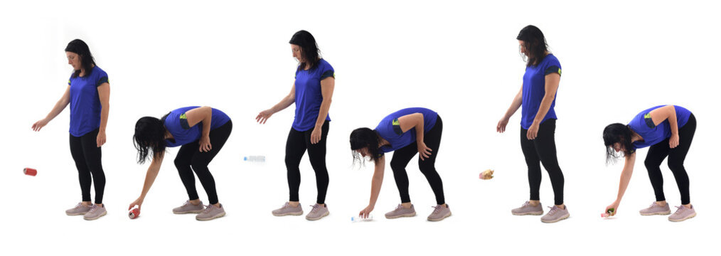 several poses of the same woman throwing and collecting trash on white background