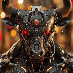 Obraz premium A futuristic robotic bull with glowing red eyes and intricate metal design, set against a blurred urban backdrop in soft light