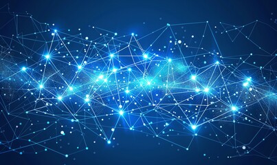 Abstract blue polygonal space background with connecting dots and lines. Concept of data, network, technology, and communication.
