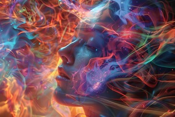 Woman's head depicted in a psychedelic style, representation of a brain firing under stress