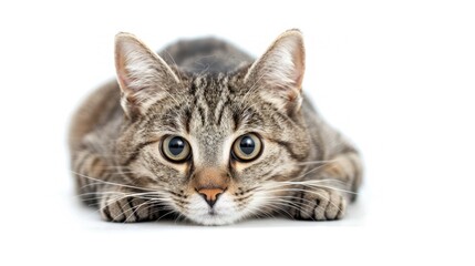 Obraz premium Tabby cat on white background gazes at the camera
