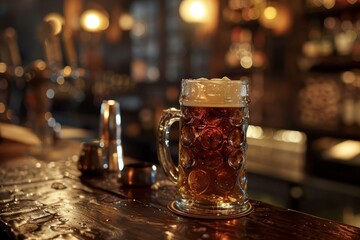 Mug of beer with foam is standing on a bar counter in a pub, with the bartender out of focus in the background