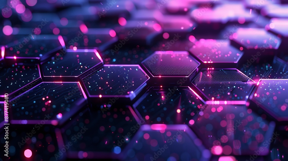Poster futuristic hexagon pattern with neon lights and digital elements. vibrant colors and abstract style.