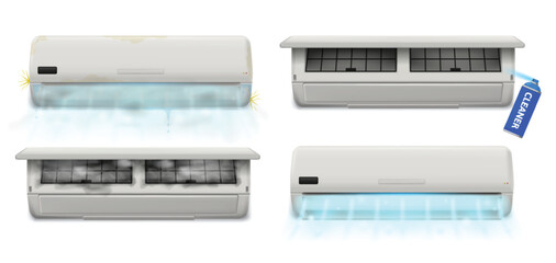Air conditioner cleaning process. Dirty and clean air conditioner filters, before and after cleaning with cleaner spray. Maintenance air conditioners vector illustration.