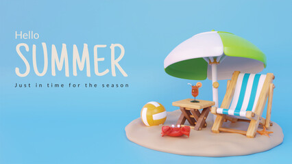 Summer season poster with Beach Chair, Green and white Umbrella and Volley Ball, Summer holiday, Time to travel concept