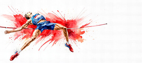 Dynamic illustration of a professional high jumper in action, competition, sports games, summer olympic games. Vibrant color. High jump. Illustration.