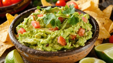 Guacamole With Tomatoes. Traditional Mexican Dip with Avocado, Garlic and Lime