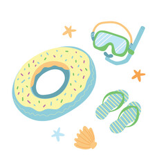 Summer beach activities set. Flip flops, swimming ring, swimming mask. Vector illustration.