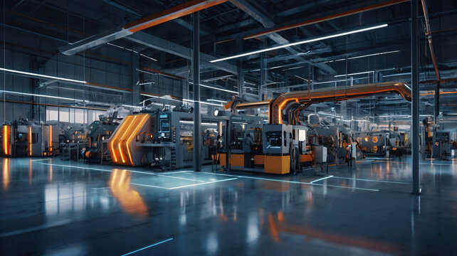 A futuristic image illustrating the concept of a smart factory. Advanced technology like AI, IoT and robotics in manufacturing processes for greater efficiency and productivity
