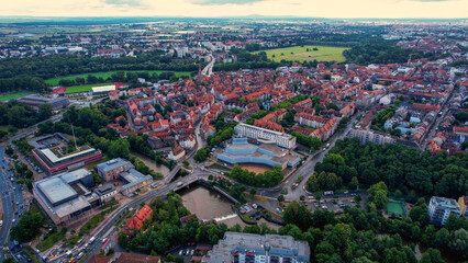 Aerial panorama view the old town of  Fürth on a cloudy day in Germany.