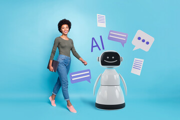 Composite artwork collage image picture of girl hold laptop chat gpt ai helper isolated on creative...
