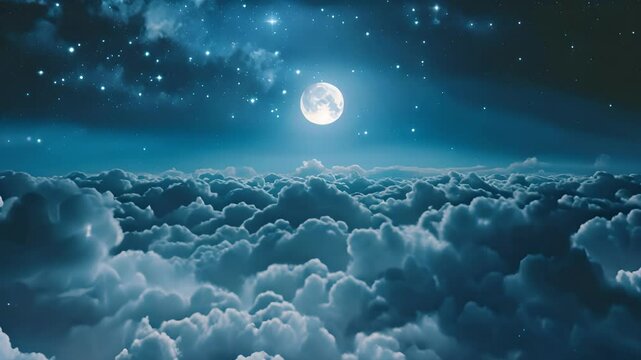 Full moon with dark clouds in the night sky. Drone view of starry night heaven. Ai generated.