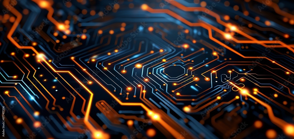 Poster close-up of a futuristic circuit board. glowing lines and nodes represent advanced technology and in