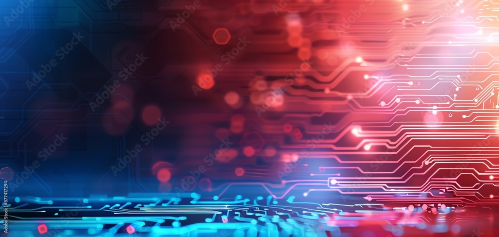 Poster Abstract background with a blend of red and blue light and electronic circuit patterns, representing technology and innovation.