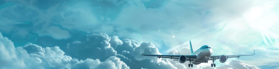 Fototapeta premium Sky Header. Passenger Airplane Flying in Blue Sky with White Clouds. International Air Transportation Banner