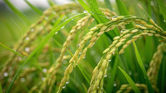 A close-up photograph of rice shows the yellow-green leaves and rice panicles standing out against a background of lush green grass.
