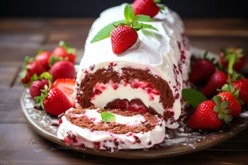 Luscious strawberry cream cake garnished with fresh strawberries and mint