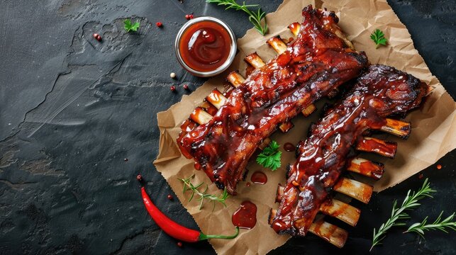 BBQ Paper. Closeup of Grilled Pork Ribs with BBQ Sauce and Honey Caramelization on Paper, Perfect Snack for Beer on Dark Concrete Background