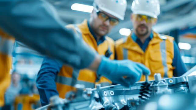Professional Mechanic Demonstrating Repair Process to Colleague in Bright Workshop with Copy Space - Educational and Teamwork Concept